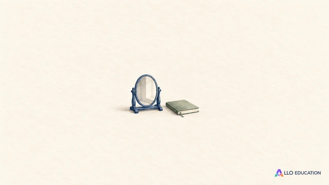 Un miroir et un carnet miniatures, entiers, évoquent se raconter et se représenter.