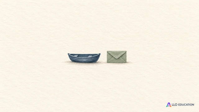 Une petite barque entière et une enveloppe fermée sans inscription évoquent le port et la lettre du récit.