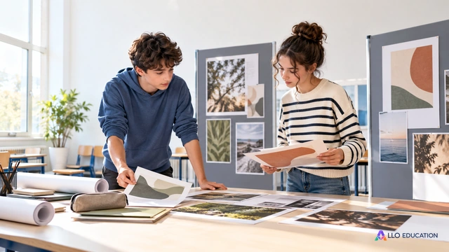 Deux élèves devant des panneaux d’exposition sans texte lisible.