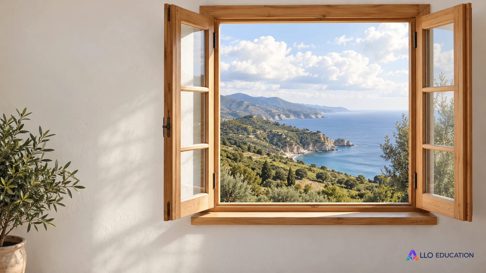Una ventana abierta de madera clara permite mirar colinas verdes y una costa imaginada; no identifica un lugar real.