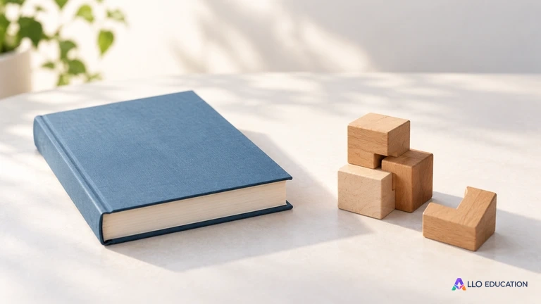 Un livre uni et des pièces en bois complémentaires sur un fond clair.