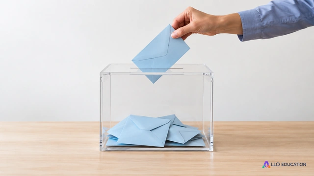 Une enveloppe neutre au-dessus d’une urne invite à comprendre le passage des voix aux décisions.
