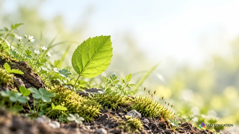 Une feuille et des plantes basses parmi mousse et sol dans une lumière douce.