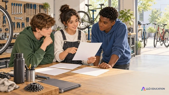 Des lycéens préparent ensemble un dossier dans un atelier de réparation de vélos.