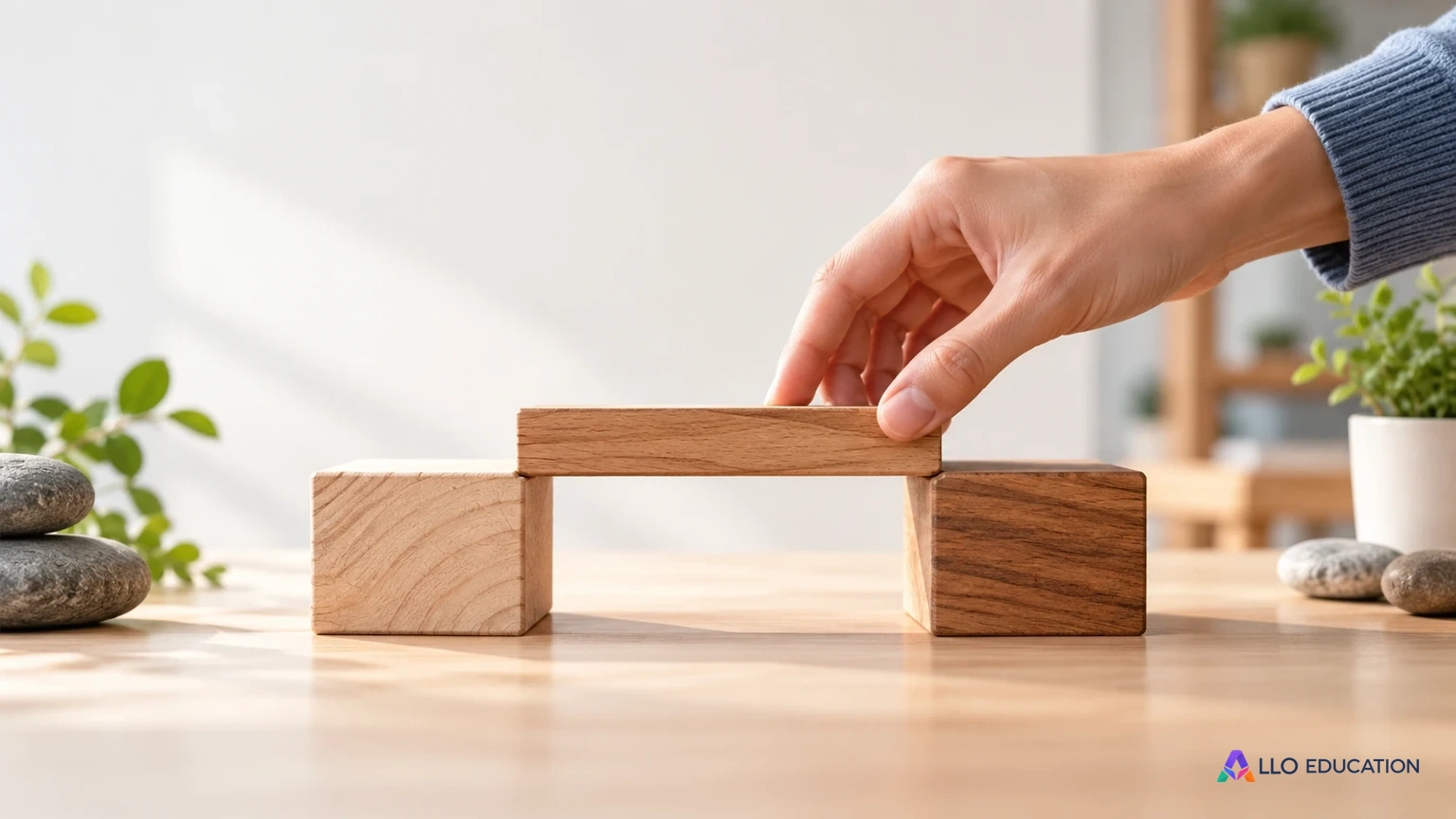 Trois pièces de bois réunies en un petit pont évoquent les éléments reliés d’un raisonnement.