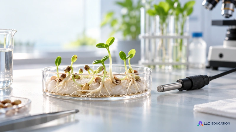 Des graines germées et une sonde évoquent l’étude du vivant au laboratoire.